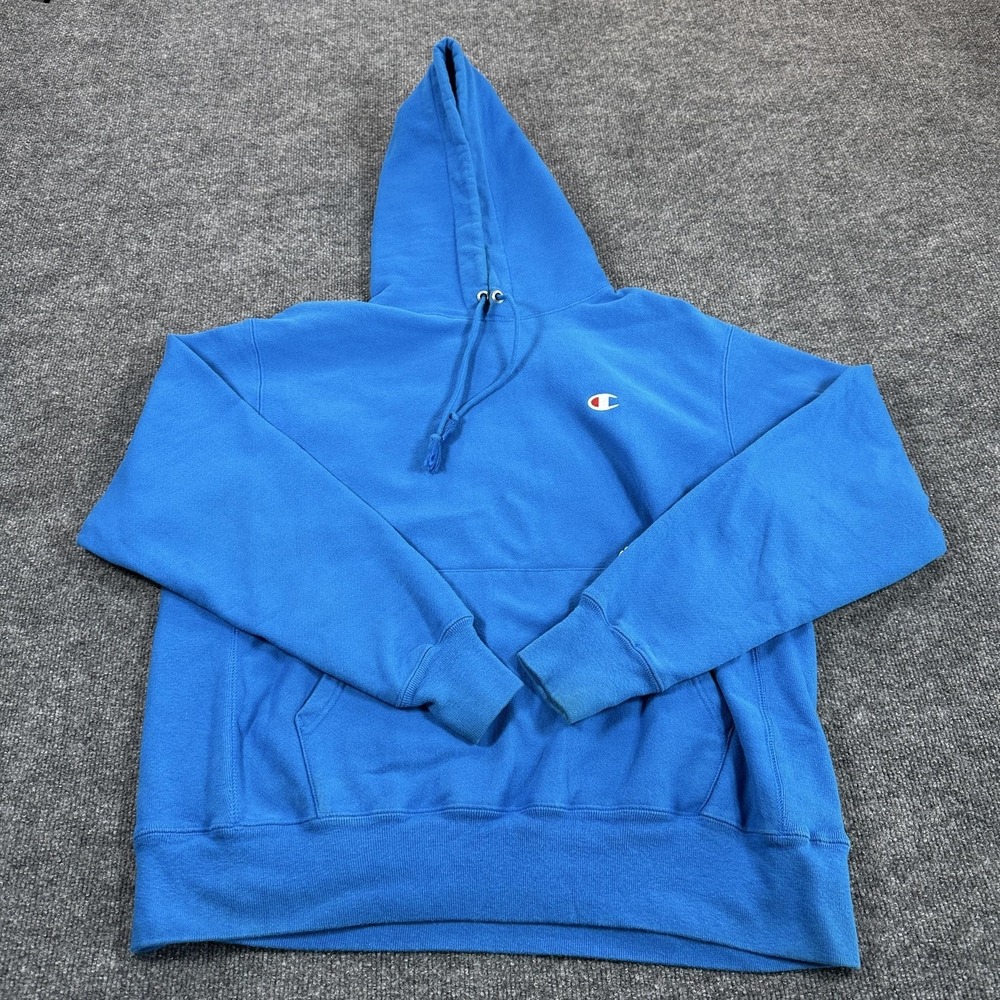 Champion Hoodie Mens Large Blue Reverse Weave Fleece Pullover Sweatshirt Logo